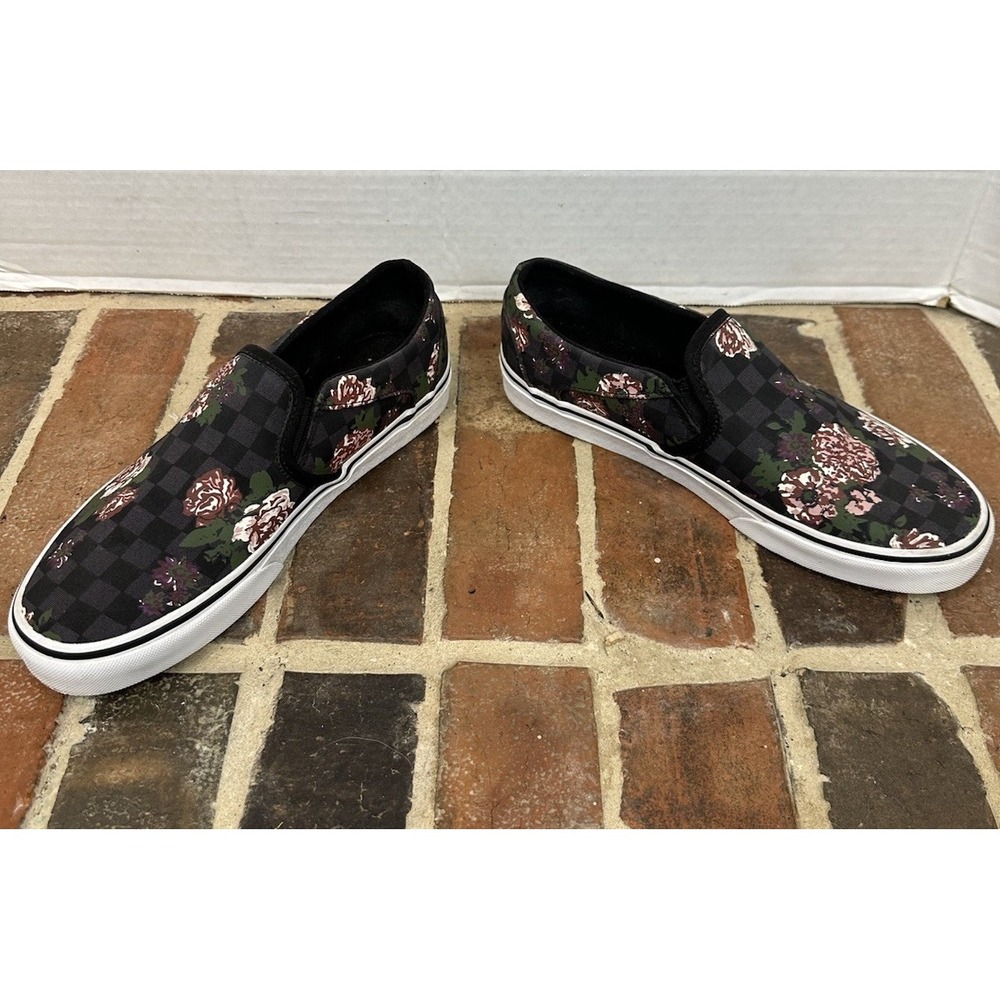 Vans Classic Black Pink Slip-On Casual Shoes Floral Checkerboard Women's 8.5 - Picture 3 of 6